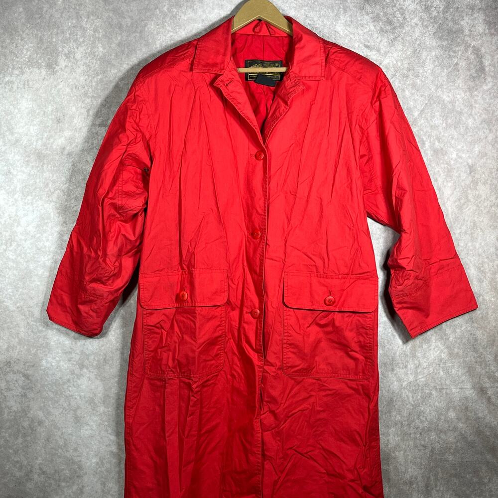Vintage Eddie Bauer Trench Coat Womens Medium Red Button Front Long Sleeves 90s‎